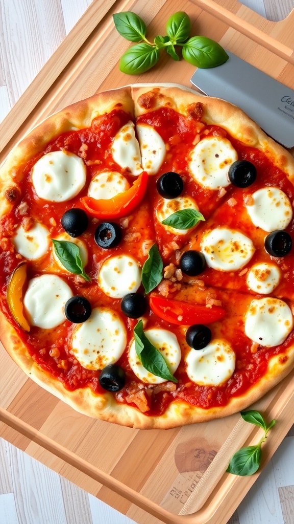 An 8-inch homemade pizza with tomato sauce and cheese on a wooden board.